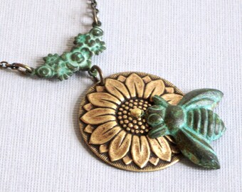 Sunflower Bee Necklace - Flower Jewelry, Garden Necklace, Botanical Jewelry, Patina Jewelry