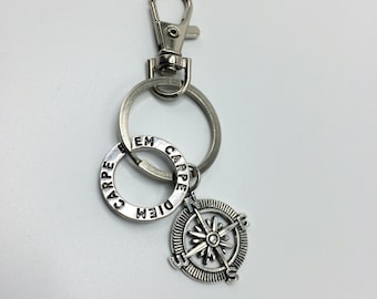 Carpe Diem Charm Keychain, Compass Keychain, Quote Charm Keychain, Travel Keychain, gifts for her