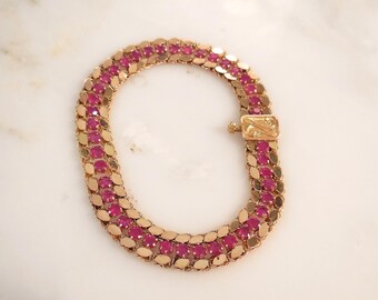 Ruby Bracelet, Gold Ruby Bracelet, Ruby Tennis Bracelet, Pink Ruby Bracelet, Leaf bracelet, 14 k Rose Gold, 3 mm Ruby, 8 mm wide, 7.5 inch