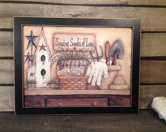 Mary annJune print floral sewing seeds of love birdhouse country primitive farmhouse decor Wall hanging art picture