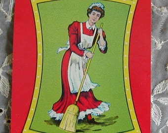1920's Art Deco Little Miss Brand Advertising Broom Label Paper Maid Sweeping