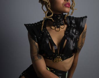 Ingrid Leather Strappy Bolero Bra, Flared Cap Sleeve Leather Crop Top, Leather Bra with Cutouts, Woven Black Suede Bralette, Dominatrix