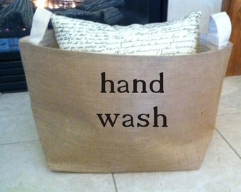 lined burlap hand wash basket , burlap storage tote, laundry basket
