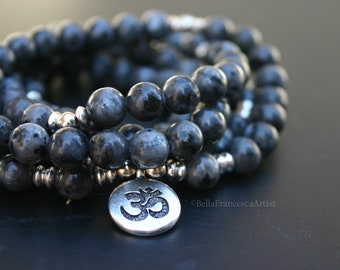 Mala Beads,Necklace,Labradorite,Gifts Under 20,108,8mm,Buddhist Prayer Bead,Om Charm,Bracelet,Zen,Rosary,Yoga Necklace,Natural Stone Beads