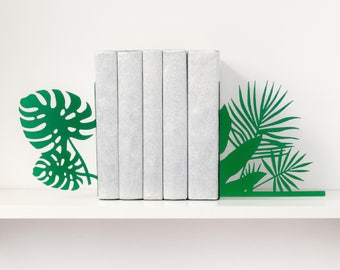 Tropical bookends Monstera & palm leaves book ends Beach decor Metal bookends Modern book end Tropical art Bookworm for her Book shelf