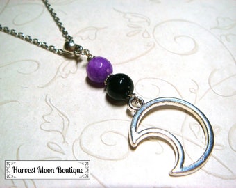Moon Necklace, Moon Jewelry, Lunar Necklace, Lunar Jewelry, Celestial Necklace, Celestial Jewelry, Onyx Gemstone, Jade, Purple Black Beaded
