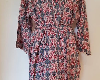 Cotton Bathrobe - Kimono Indian block print design - bridesmaid -wedding robes -vacation - holiday - bohemian style.
