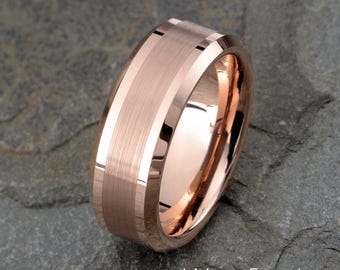 Tungsten Wedding Band, Rose Gold Tungsten, Tungsten Wedding Ring, Anniversary Band, Mens Tungsten Ring, Brushed Ring, 8mm Personalized Ring