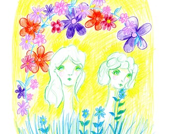 Awakening to Spring, Art Print, Coloured Pencil, Quirky Art, Outsider Art, Psychedelic, A4 /A5 /A6, Women, Flowers