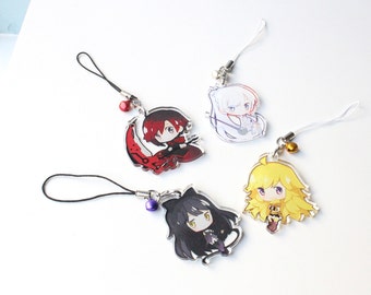 Ruby, Weiss, Blake, Yang - RWBY Hand-Drawn Double Sided Front & Back Acrylic Charms with Phone Strap