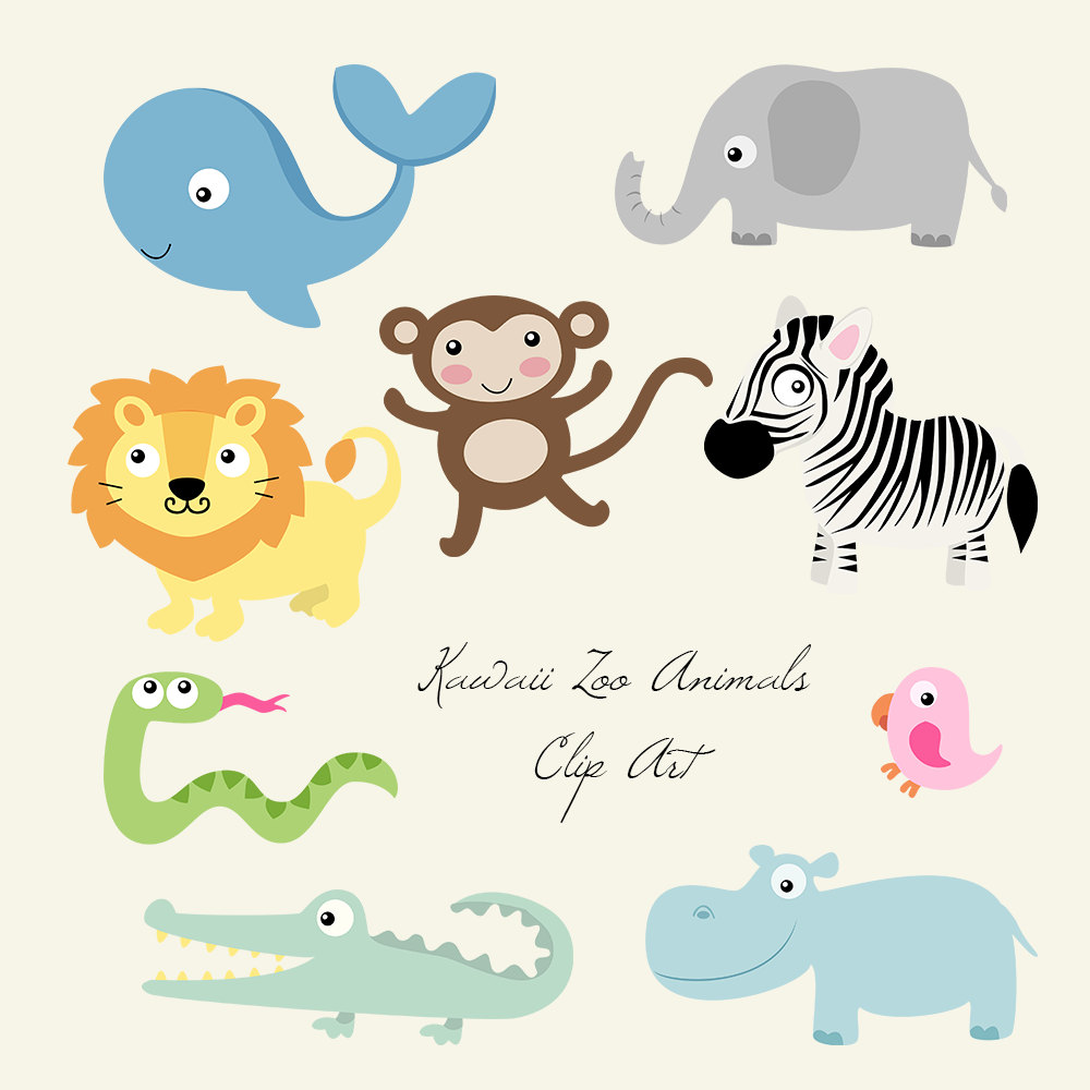 Cute Kawaii Zoo Animals Digital Clip Art