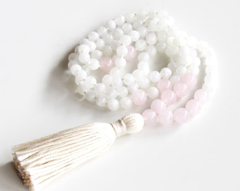 Pierre de lune collier Mala 108 authentique bouddhiste Mala Pierre de lune et Quartz Rose le collier Mala de méditation guérison collier cadeau