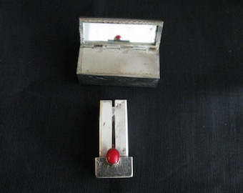 Silver Lipstick Case Mirror Antique Silver with Red Stone