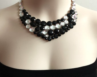Jet black and clear rhinestone bib tulle necklace