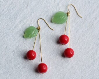 Cherry Earrings, Cherry Jewelry, Fruit Earrings, Kitsch Earrings, Gift for Women, Tree Earrings, Leaf Earrings
