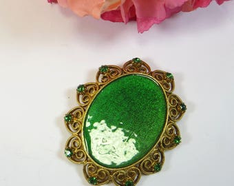 Vintage Green Enamel Brooch Pin, 1970s Emerald Green Enamel and Crystal Goldtone Brooch Pin, Unusual Vintage 70s Green Gold Brooch Pin