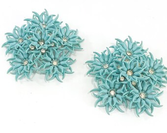 60s Blue Rhinestone Flower Clip Earrings | Large Rhinestone Plastic Earrings