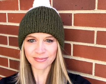 Double Brim Hat, Knit Beanie ~Two Toned in Green and Cream~ Pom Pom Optional