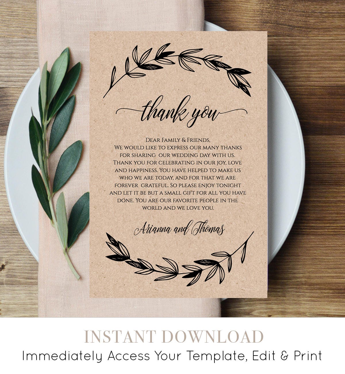 Printable Wedding Thank You Letter Reception Thank You Note In Lieu