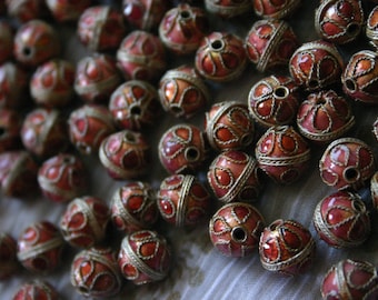 SALE Burgundy balls - Floral Cloisonne beads (6)