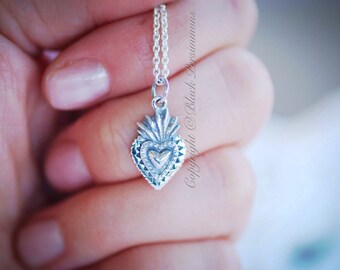 Sacred Heart Necklace - Sterling Silver Charm Pendant - Insurance Included