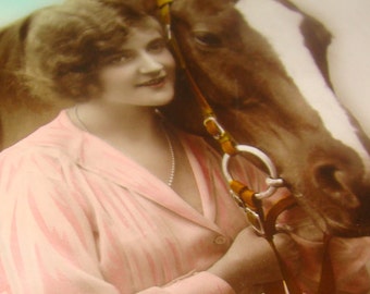 Nice Vintage/Antique Hand Tinted RPPC (Lady and Horse)