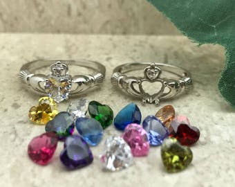 Claddagh Ring, 925 Sterling Silver Claddagh Ring, Birthstone Claddagh Ring Womens Claddagh Engagement Ring with Cubic Zirconia CZ