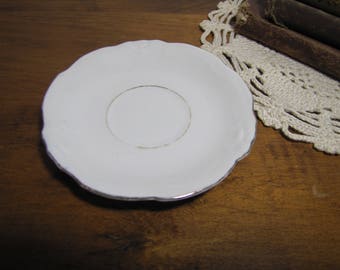 Small White Porcelain Saucer - Embossed Edge - Gold Accent