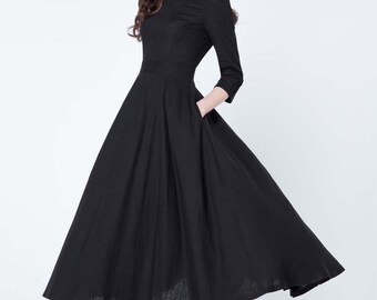 black dress, linen dress, maxi dress, pleated dress, party dress, evening dress, round collar, 3/4 sleeves dress, ladies dresses 1728
