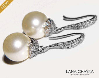 Bridal Pearl Earrings Pearl Drop Wedding Earrings Swarovski 10mm Ivory Pearl Silver Earrings Bridal Bridesmaid Jewelry Prom Pearl Earrings