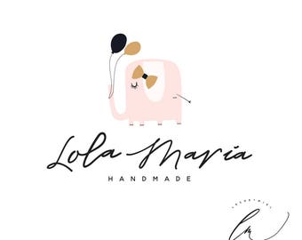 Adorable Elephant Girl Holding Balloons Logo - Handmade Logo - Fresh and Unique Design.