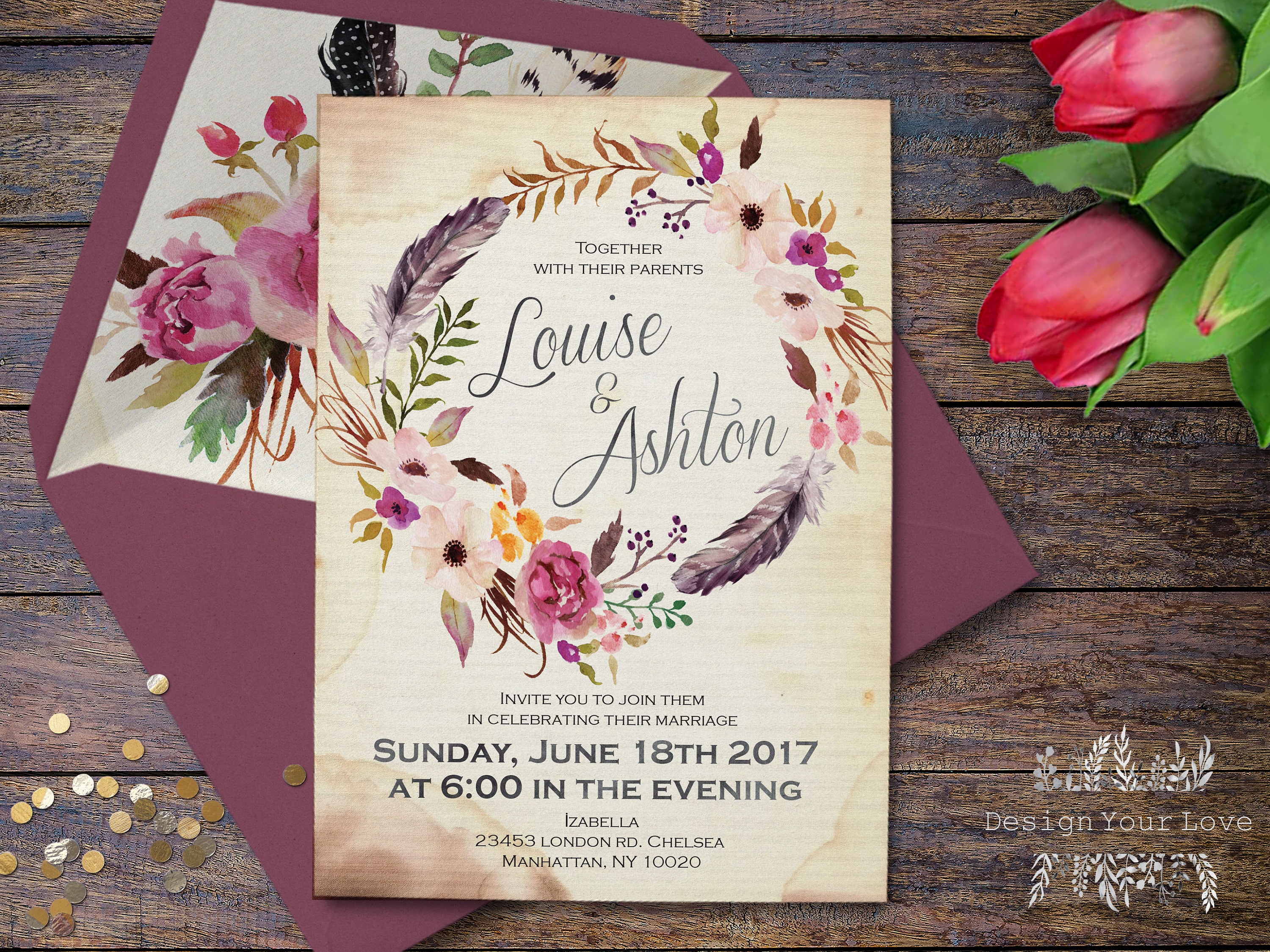 boho wedding invitation printable watercolor floral wedding