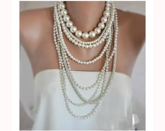 Multistrand pearl necklace ,long necklace, Weddings ,Multi Strand Pearl Necklace, Chunky Layered Brides Necklace with Rhinestone Chain