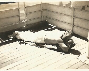 Vintage Snapshot "Catching Some Rays" Shirtless Man Sunbathing Tanning Small Mini-Photo Found Vernacular Photo