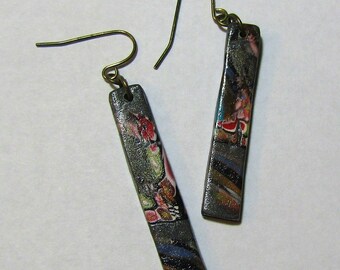 Gray, Black, and Multicolor Skinny Rectangle Polymer Clay Earrings by Carol Wilson of Je t'adorn