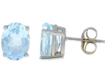 14Kt White Gold Aquamarine Oval Stud Earrings