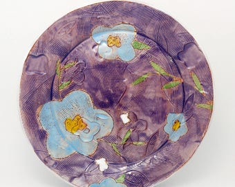 Purple Floral themed dinner plate - earthenware, handbuilt food safe plate made by Kaitlyn Brennan/Brennan Pottery