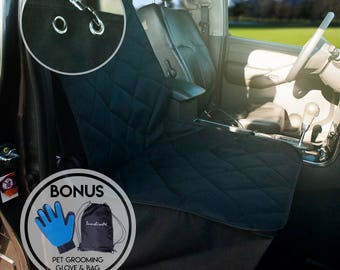 Pet Car Seat Protector For Dog, Waterproof, NonSlip, Front Quilted Durable Design, Black Bench Cover For Truck & Suv Free Pet Grooming Glove