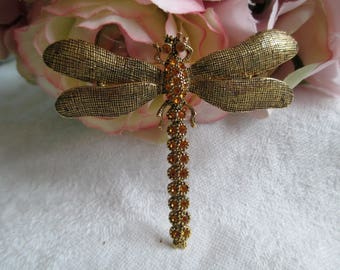 Vintage Gold Dragonfly Rhinestone Figural Brooch / Pin