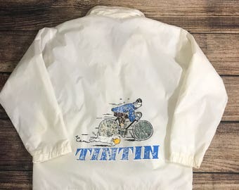 Vintage 90s Adventures of Tin Tin Windbreaker Jacket Sz L off white biking