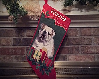 White Bulldog Dog Stocking, Personalized Christmas stockings, Dog stocking, Needlepoint Christmas stocking, English Bulldog stocking