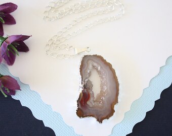 Geode Necklace Silver, Crystal Necklace, Geode Agate Slice, Boho Jewelry, Druzy Pendant, Natural Geode, GS96