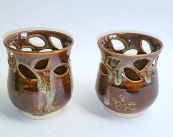 Amber and Green Votive Candle Holder or Luminary with Vine Leaf Cut-outs - Wheel Thrown Pottery