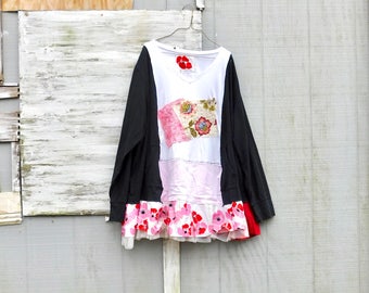 Floral Tunic, Upcycled Plus Dress, Shabby, Recycled Shirt, Repurposed Clothing, Casual Tunic, Winter Shirt, Sustainable Clothing, CreoleSha