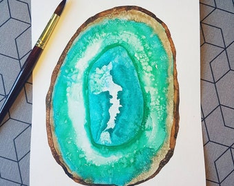 Original watercolor - Aquamarine/turqoise and Green Geode slice