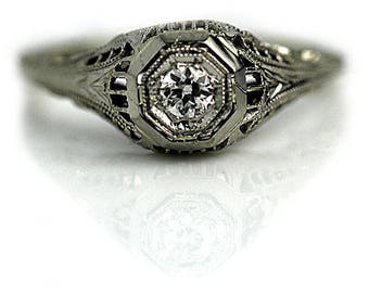 Rare Antique Diamond Ring, Vintage Diamond Ring, Solitaire European Cut 1930's White Gold Ring AD1754 "The Sydney"