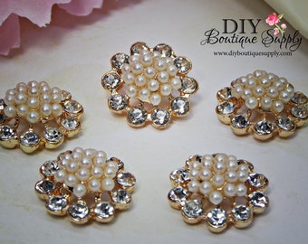 Small Gold Crystal Pearl Buttons Rhinestone buttons Flatback flower centers Baby Headbands Scrapbooking Embellishments 5 pcs 20mm 906065