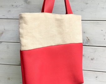 Ivory linen and raspberry leather tote bag