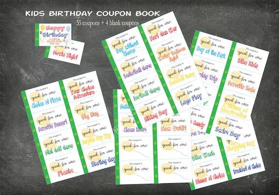 Kids Happy Birthday coupon book. 35 coupons 4 blank coupons.