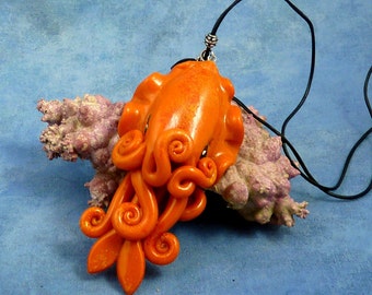 Orange Cuttlefish Necklace, Handmade Polymer Clay Jewelry
